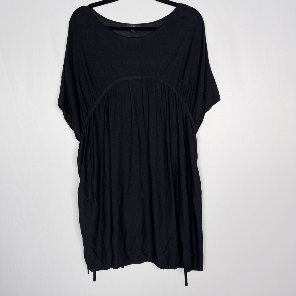 COS Medium M Black Semi Sheer Cinch Tie Back Cover Up Swim Dress Scoop Neck